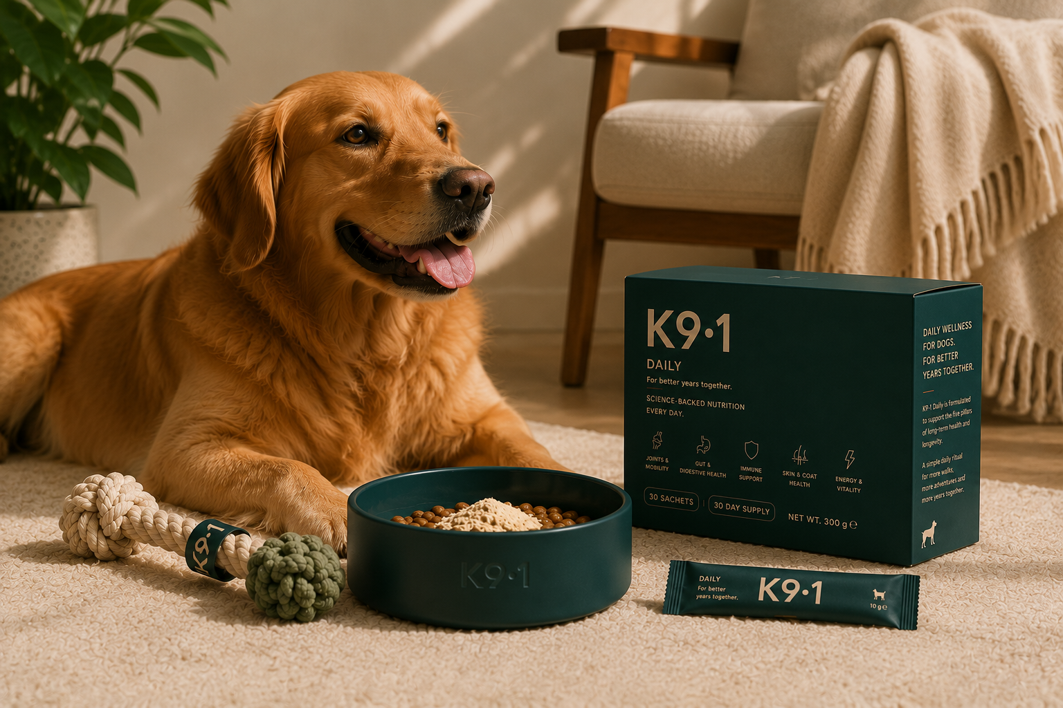 Golden retriever beside the K9·1 bowl and daily box